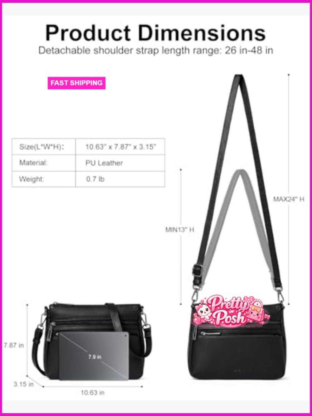 Vegan Leather Crossbody Bag with Adjustable Strap Sling Purse - Picture 5 of 7